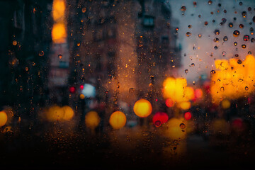 Misty night window with rain drops blurred background, night light city view window AI Generated