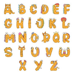 English alphabet with cute and funny cartoon style monsters. Cartoon doodle style colored english alphabet.