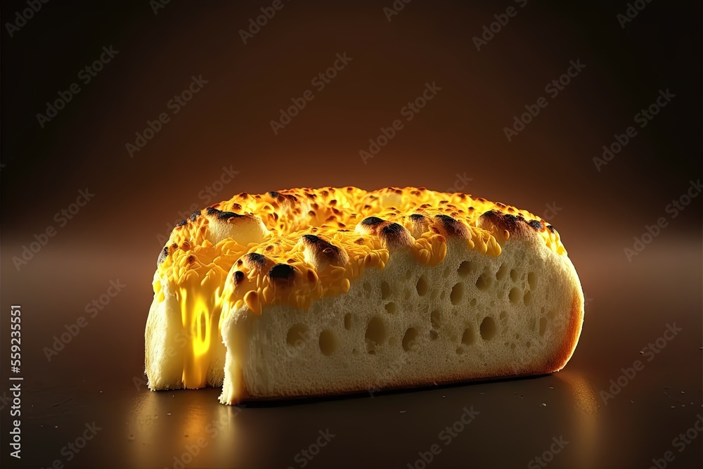 Poster  a piece of bread with cheese on it on a table with a brown background and a black background behind it is a slice of bread with cheese on it and a brown background with a. Generative AI