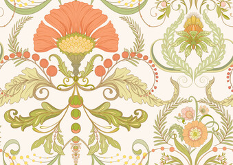 Decorative flowers and leaves in art nouveau style, vintage, old, retro style. Seamless pattern, background. Vector illustration.