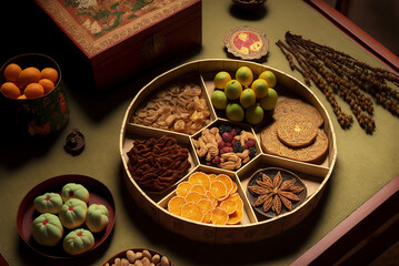 Mut tet, sweet dried fruits and nuts, Vietnamese lunar new year tradition foods - generative ai