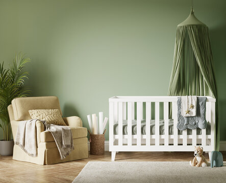 3d Mockup green nursery interior with a white cradle, lots of toys and a lounge armchair.