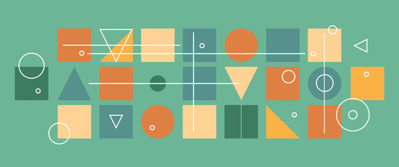 Minimal geometric abstract background. Modern art mid-century pattern of circle square and triangles. Blue green orange and yellow shapes and outline design elements in banner or business template