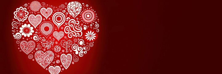Fototapeta na wymiar Valentine concept. White patterns of hearts on a red background with copyspace