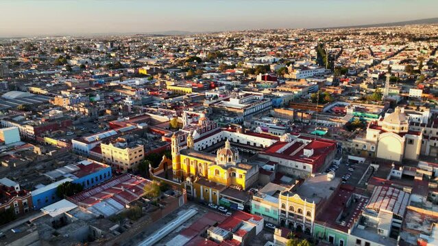 Beautiful aerial view of the church in city of Puebla in Mexico. Amazing sunset.