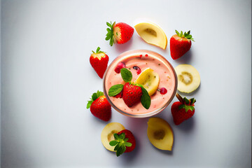 Delicious strawberry banana smoothie in clear glass cup with fresh strawberries and bananas surrounding it on an isolated on white background, top view, bright lighting