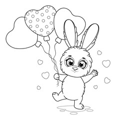 Coloring page. Cute cartoon and romantic bunny with balloons