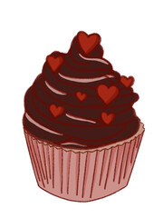 Chocolate cupcake with cherries heart-shaped decoration. Illustration with concept of valentine's day