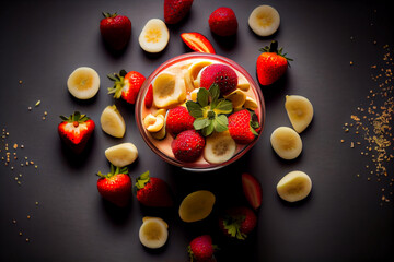 Fototapeta na wymiar Delicious strawberry banana smoothie in clear glass cup with fresh strawberries and bananas surrounding it on an isolated on white background, top view, bright lighting