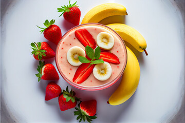 Delicious strawberry banana smoothie in clear glass cup with fresh strawberries and bananas surrounding it on an isolated on white background, top view, bright lighting