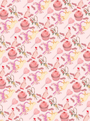 Valentine's day themed collage with intertwined cats forming a heart, cupcackes and heart lollipops on a pink background