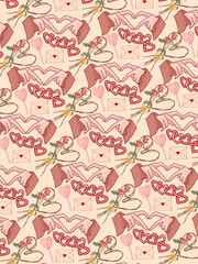 Valentine's day themed collage with intertwined hearts, red roses and love letters on a beige background