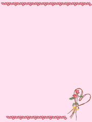 Valentine's card with a frame of hearts and a heart made of rope with some red roses at the bottom on a lilac background