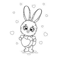 Coloring page. Romantic and cute cartoon bunny with hearts