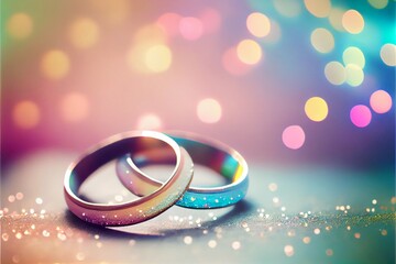A pair of two rings on an abstract rainbow background of the LGBT LGBTQI flag, copy text space, concept of celebrating Valentine's Day, Freedom to Marry Day and same-sex marriage, generative ai