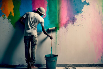 Lustiger Maler streicht eine weiße Wand bunt mit color splash - obrazy, fototapety, plakaty