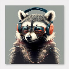 close up of a raccoon with headphone and sunglasses - obrazy, fototapety, plakaty