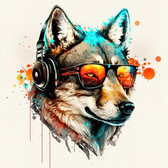 close up of a wolf with headphone and sunglasses