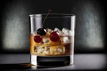 a glass of ice with a cherries on top of it and a black background with a shadow of a wall behind it and a black background with a light and a shadow of a.