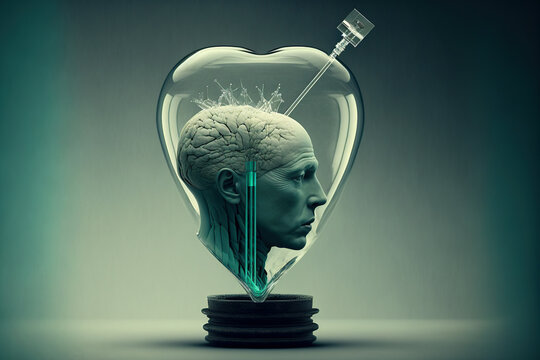 Surreal whimsical composition, head, brain, feelings in a glass form. Gen Art