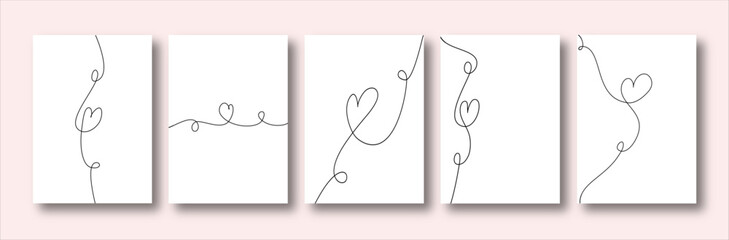 Set of continuous line hand drawn hearts greeting cards with flourishes