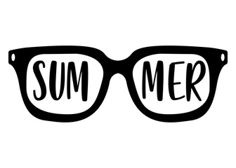 Logo temporada de vacaciones. Silueta aislada de gafas de sol con palabra Summer en texto manuscrito
