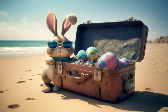 Osterhase mit Sonnenbrille und Koffer mit Ostereier am Strand in den Osterferien