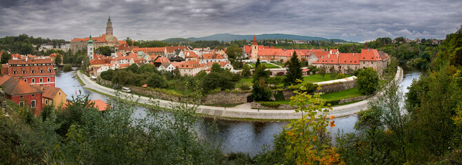 Panoramic view of the medieval town of Český Krumlov, Czechia..