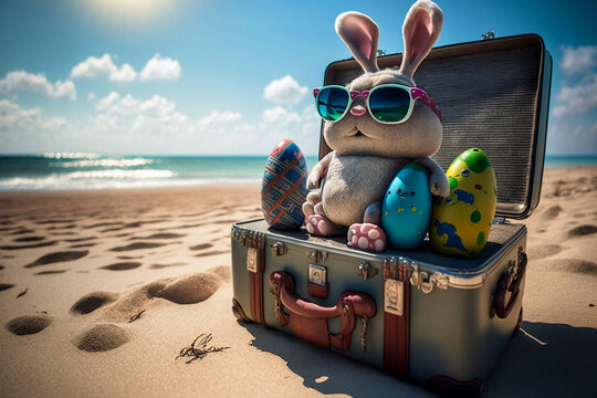 Osterhase mit Sonnenbrille und Koffer mit Ostereier am Strand in den Osterferien