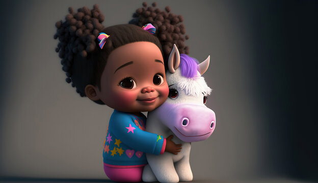 cute little baby african american toddler hugging unicorn teddy bear stuffed toy laughing in joy with copy space area