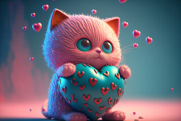 Cute knitted kitten toy holding a heart, Valentine's Day gift, Generative ai.