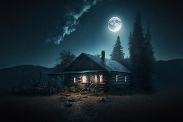 starry sky, hut, cabin, night, moon, window light, landscape, art illustration