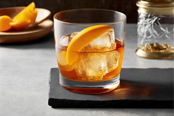 a glass of orange juice with ice and a slice of orange on the side of the glass on a black slate coaster on a table with a gold plate and a gold plate with a.