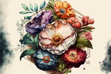 Painting style flowers illustration, white background. AI