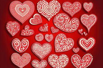 Obraz na płótnie Canvas Valentine concept. White patterns of hearts on a red background. Gen Art