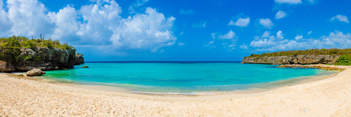 Tropical Caribbean island panorama of  Daaibooi Beach in Curacao