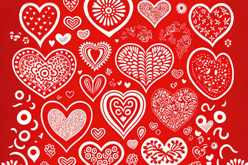 Fototapeta na wymiar Valentine concept. White patterns of hearts on a red background. Gen Art