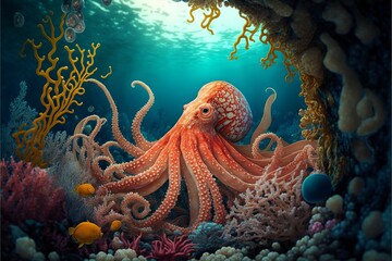 Seabed with octopus, fish and corals. Marine life. AI