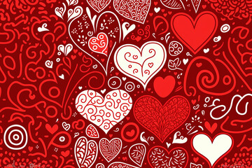 Fototapeta na wymiar Valentine concept. White patterns of hearts on a red background. Gen Art 