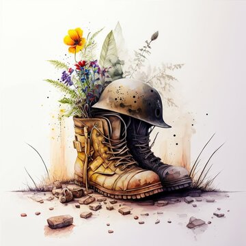 Painting of war boots and helmet with flowers, white background. Digital illustration AI