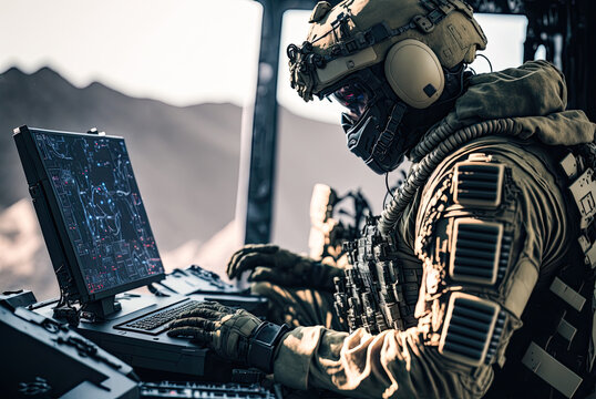 Soldier operating a computer. Generative AI
