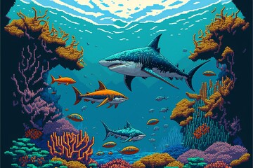 Fototapeta na wymiar Seabed with sharks, fish and corals. Marine life. AI