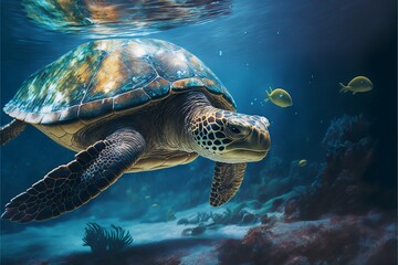 Obraz premium Turtle illustration on ocean background. AI