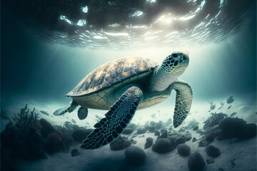 Obraz premium Turtle illustration on ocean background. AI