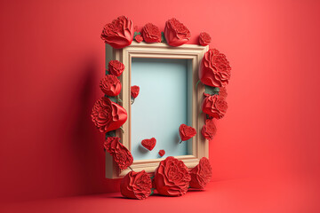 Valentine concept. Hearts and empty white frame with space for text. Beautiful, romantic background in red tones. Gen Art