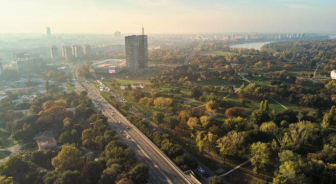 Aerial view of a highway among a park in the Usce. Urban landscape aerial. High quality photo