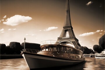 a boat is docked in front of the eiffel tower in paris, france, on a sunny day with clouds in the sky above it and a boat is a smaller boat in the water.