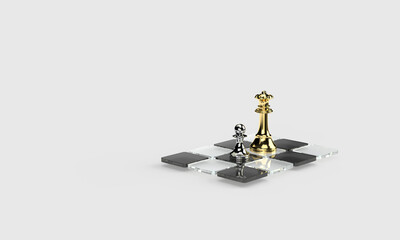 Chess pieces on a glass board. A silver pawn and a golden king piece. Illustration on the topic of business, finance, games, bank. Minimal style, 3d rendering. Gray background.