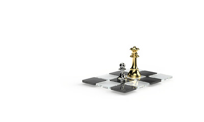 Chess pieces on a glass board. A silver pawn and a golden king piece. Illustration on the topic of business, finance, games, bank. Minimal style, 3d rendering. Transparent background.