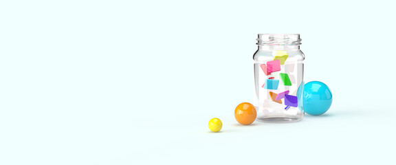 Transparent jar with colorful balloons and confetti. Illustration on the theme of children, games, holidays, gifts. 3d rendering, minimal style. Blue background. 